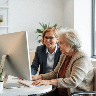 Elderly woman looking at a computer screen with a friendly advisor, discussing Medicare enrollment