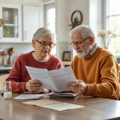 Elderly couple reviewing Medicare documents together, symbolizing joint decision-making and support