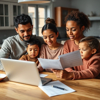 Family reviewing health insurance documents at home