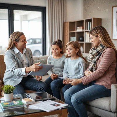 Insurance agent explaining policy to a family