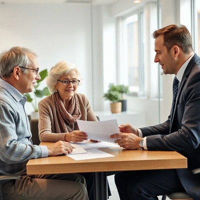 Senior couple discussing Medicare options with an advisor, looking at documents