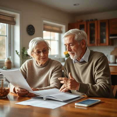 Elderly couple reviewing healthcare documents at home, focus on clarity and understanding