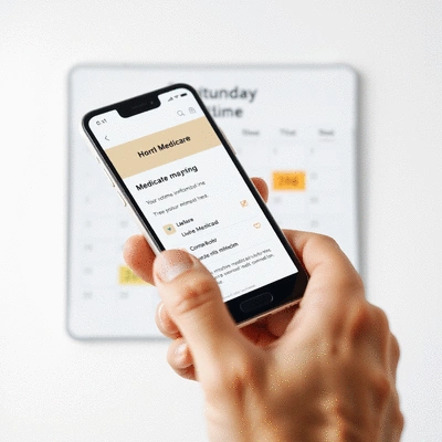 Hand holding a smartphone displaying Medicare information, with a calendar in the background highlighting important dates